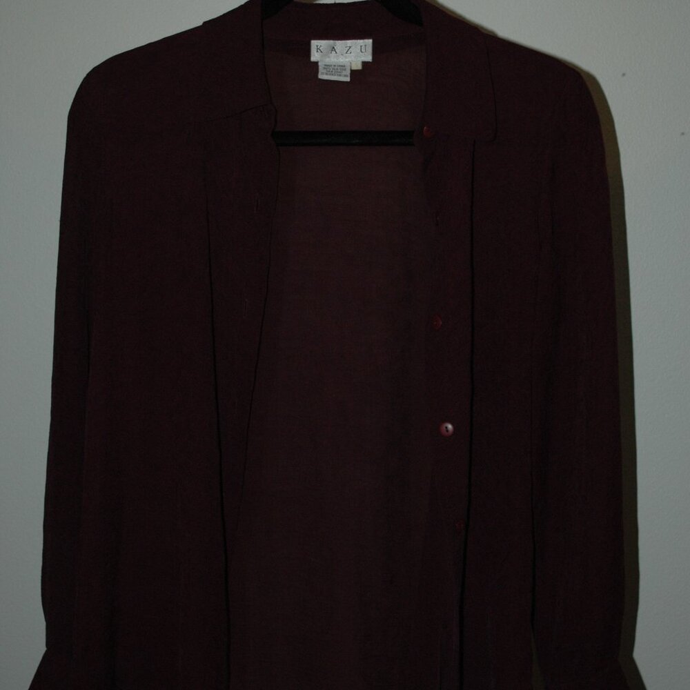 KAZU Sheer 100% Silk Button Down Elegant Texture Blouse Burgundy Wine Size Small
